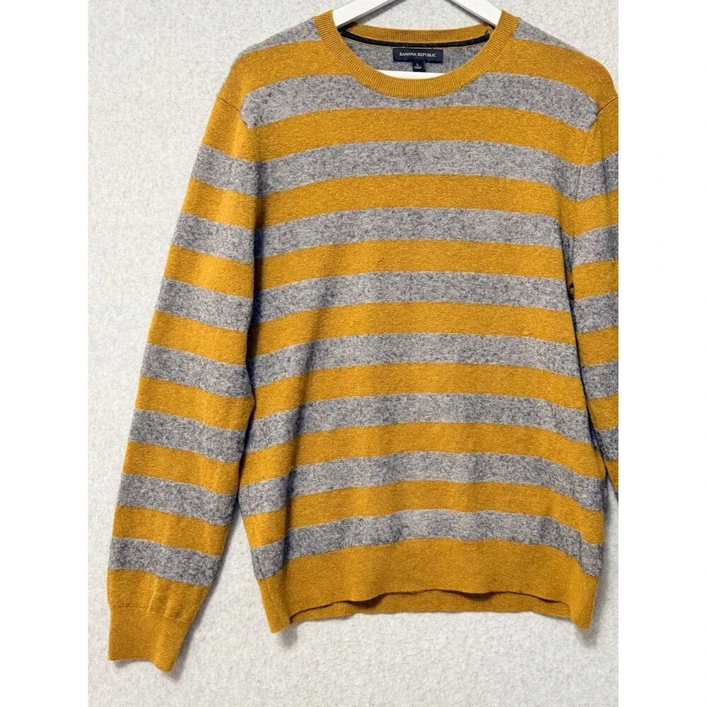 Banana Republic Mens Bold Stripe Pullover Sweater Size L Yellow Gray Merino Wool